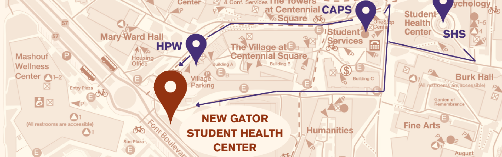 Campus map with directions to the new Gator Student Health Center